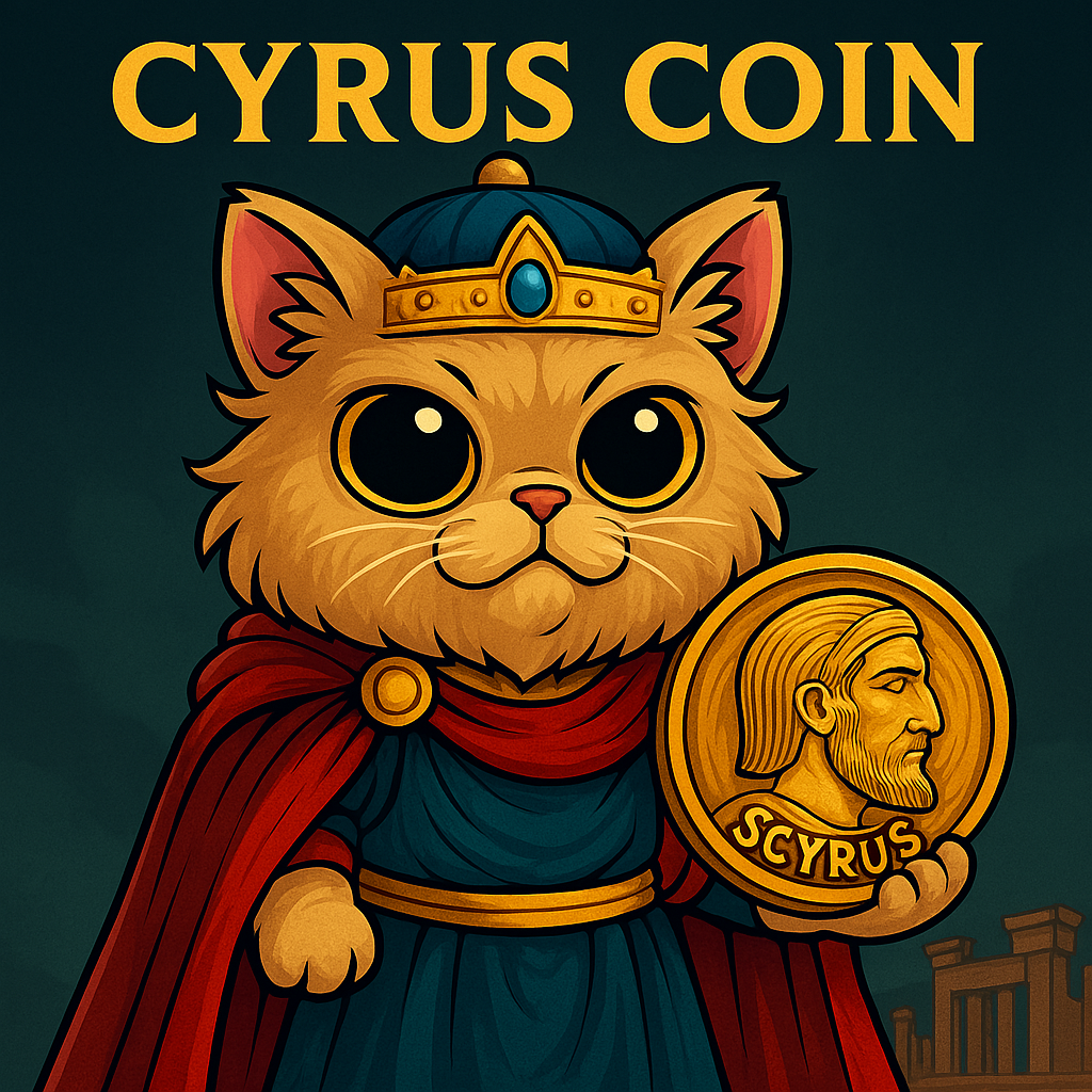 $CYRUS Solana meme coin mascot - Cyrus the Great as a cat king